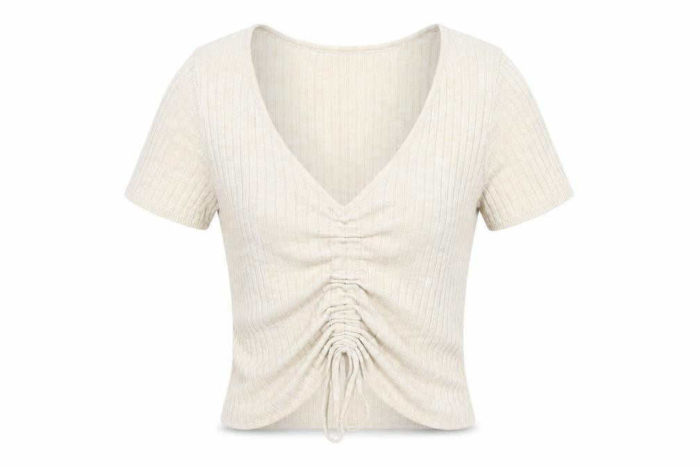 Bershka Women Beige Cropped Ruched Ribbed V-Neck T-Shirt Size S