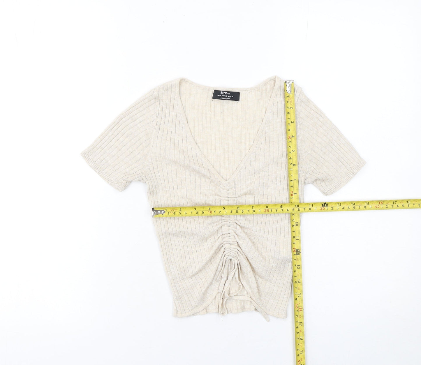 Bershka Women Beige Cropped Ruched Ribbed V-Neck T-Shirt Size S
