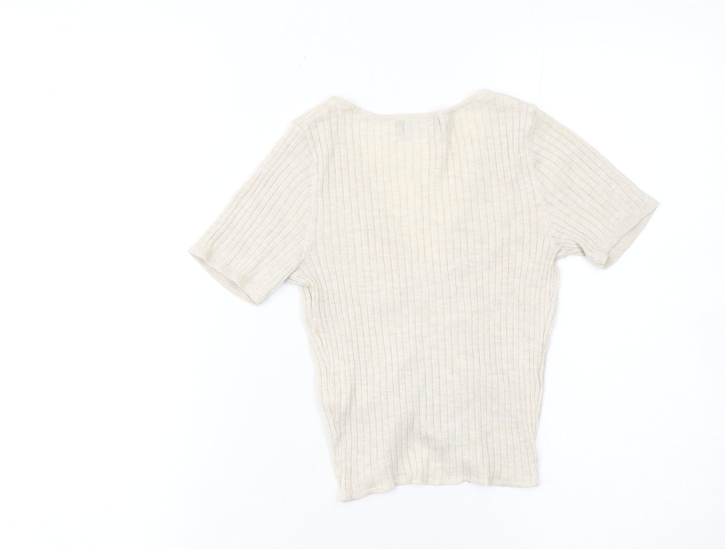 Bershka Women Beige Cropped Ruched Ribbed V-Neck T-Shirt Size S