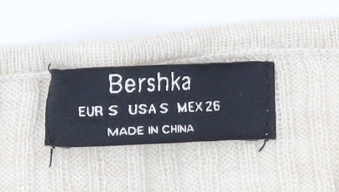 Bershka Women Beige Cropped Ruched Ribbed V-Neck T-Shirt Size S