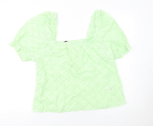 Dunnes Stores Women’s Green Cotton Embroidered Puff Sleeve Cropped Blouse Size 16