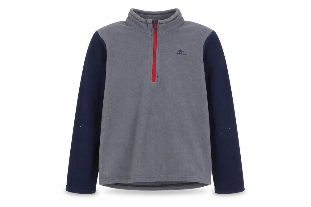 Front view of Quechua boys’ grey fleece 1/4 zip pullover sweatshirt, size 10-11, years