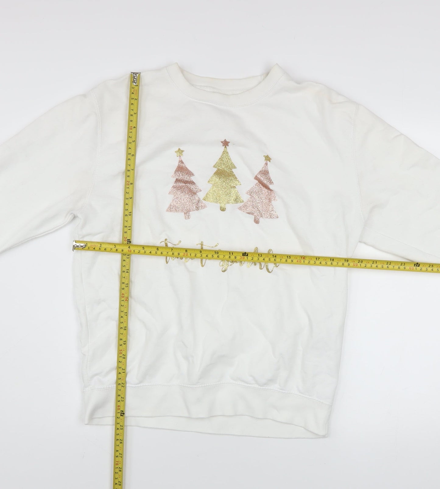 Lipsy London Women White Medium Pullover Sweatshirt Christmas Glitter Trees