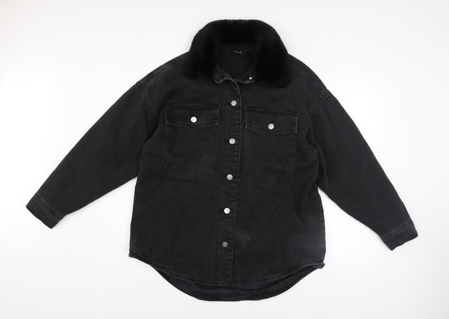 F&F Women's Black Denim Jacket with Faux Fur Collar Size 12 Regular