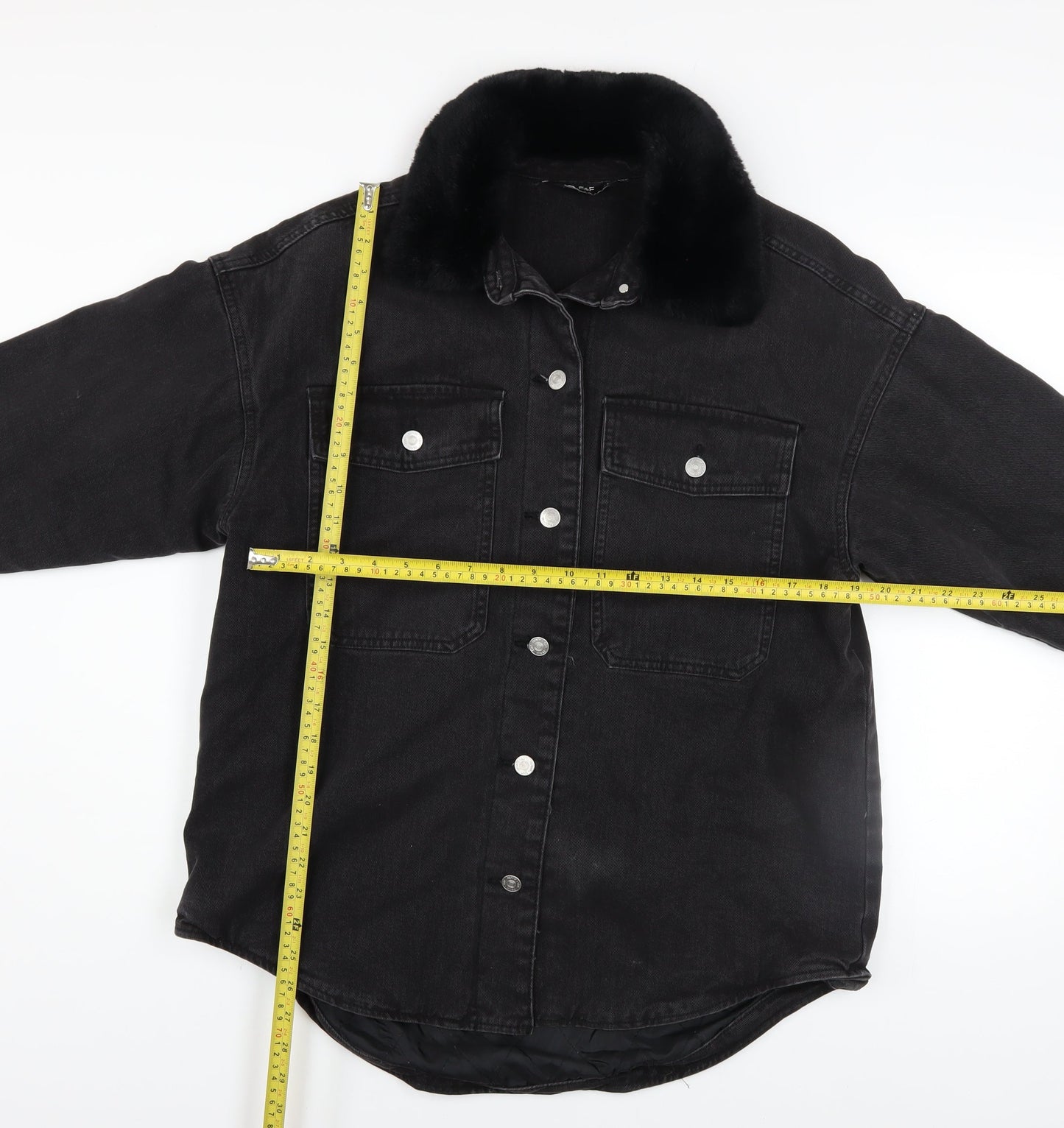 F&F Women's Black Denim Jacket with Faux Fur Collar Size 12 Regular