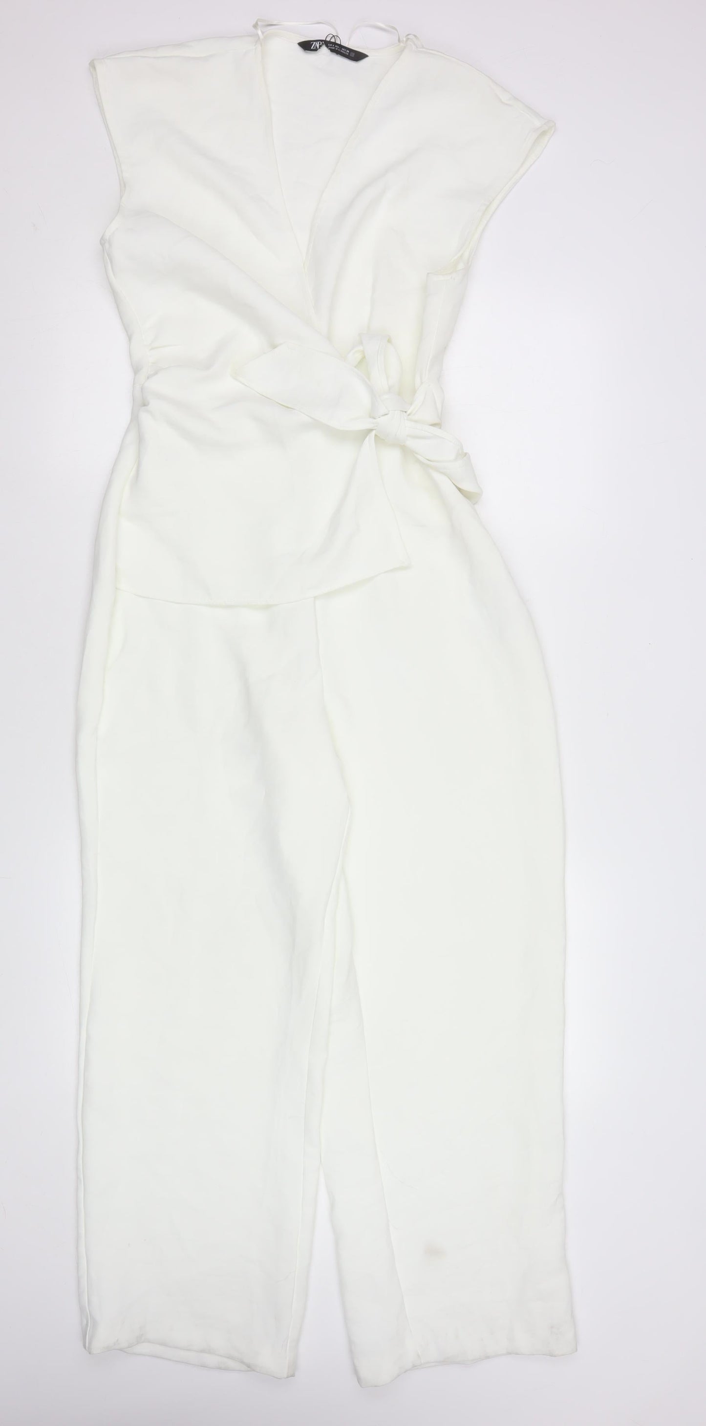 Zara Women Ivory Wrap Jumpsuit S Belted Wide-Leg Elegant V-Neck
