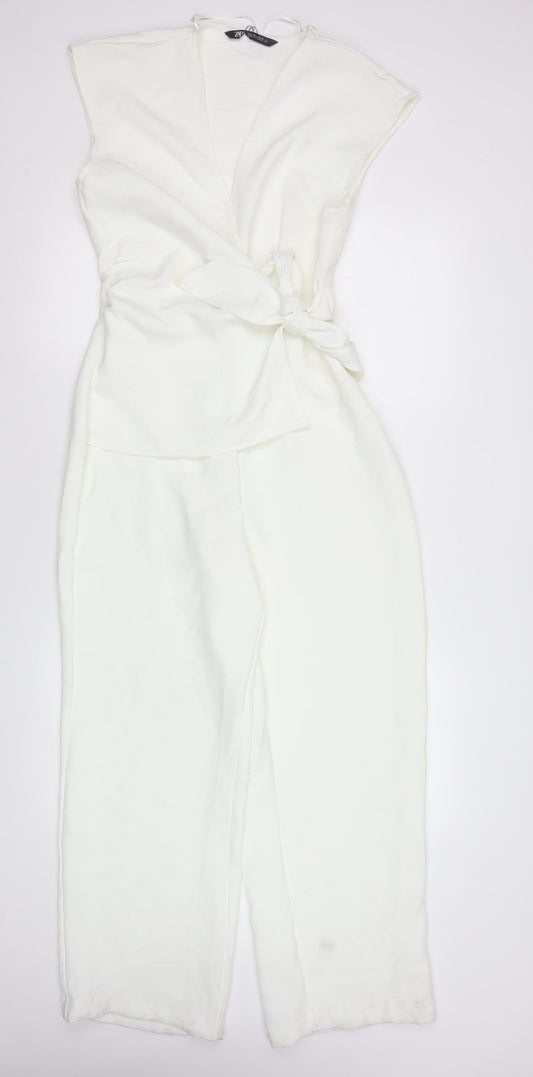 Zara Women Ivory Wrap Jumpsuit S Belted Wide-Leg Elegant V-Neck
