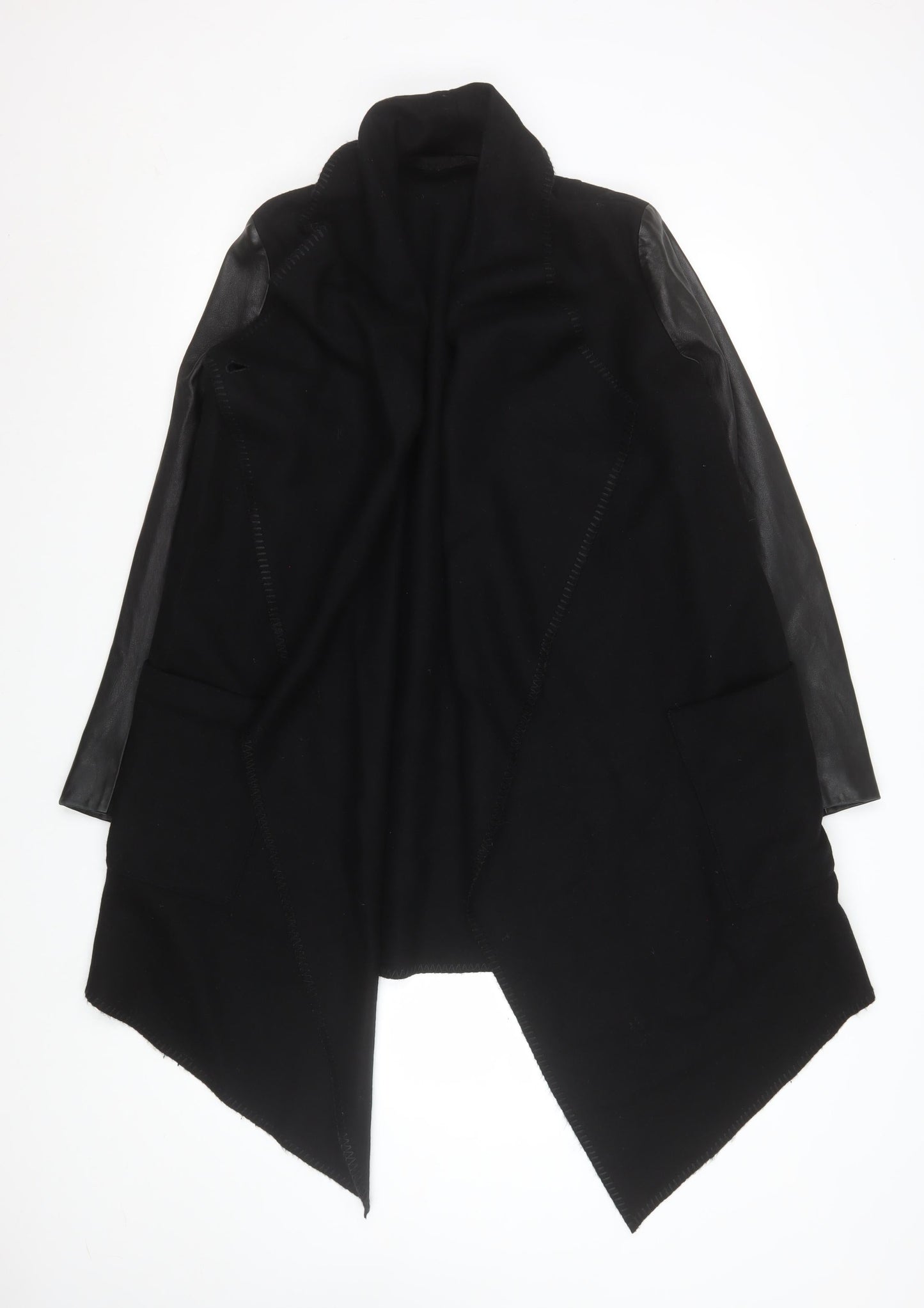 AllSaints Womens Black Wool Leather Trim Open Coatigan UK 10