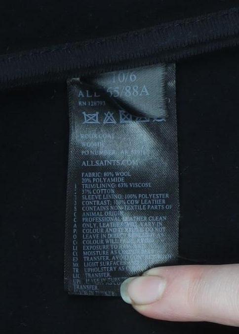 AllSaints Womens Black Wool Leather Trim Open Coatigan UK 10