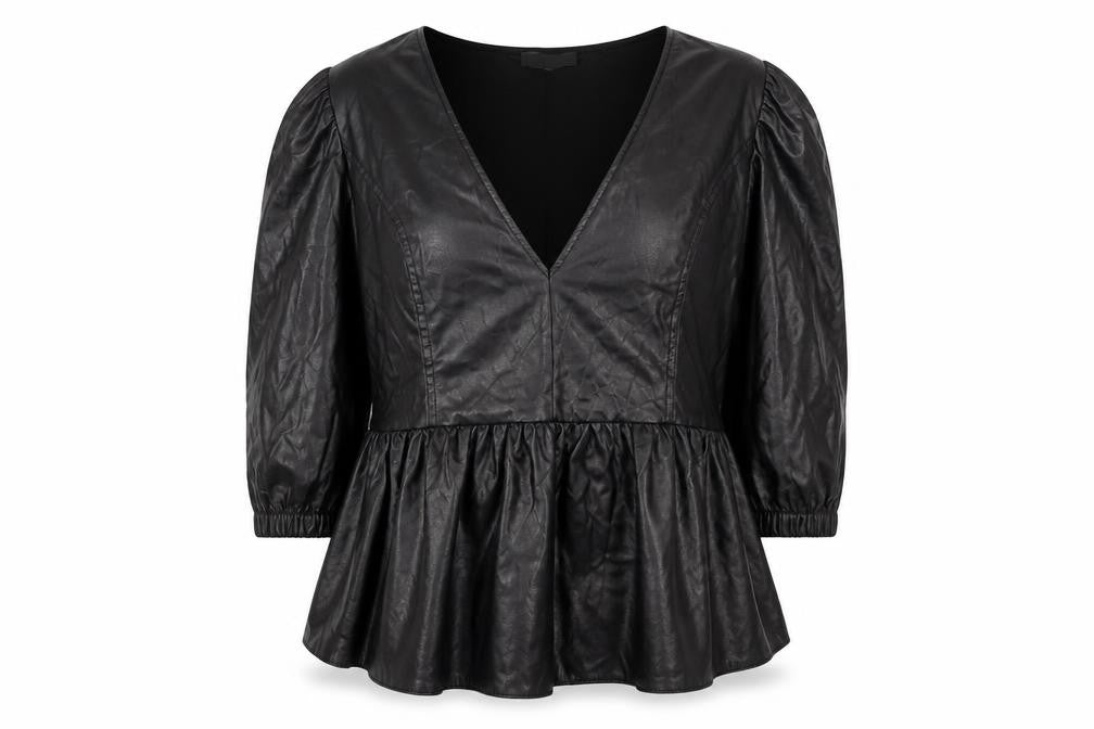 Front view of ASOS Women’s Black Faux Leather V-Neck Peplum Tunic Blouse, size UK 14