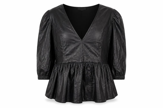 Front view of ASOS Women’s Black Faux Leather V-Neck Peplum Tunic Blouse, size UK 14