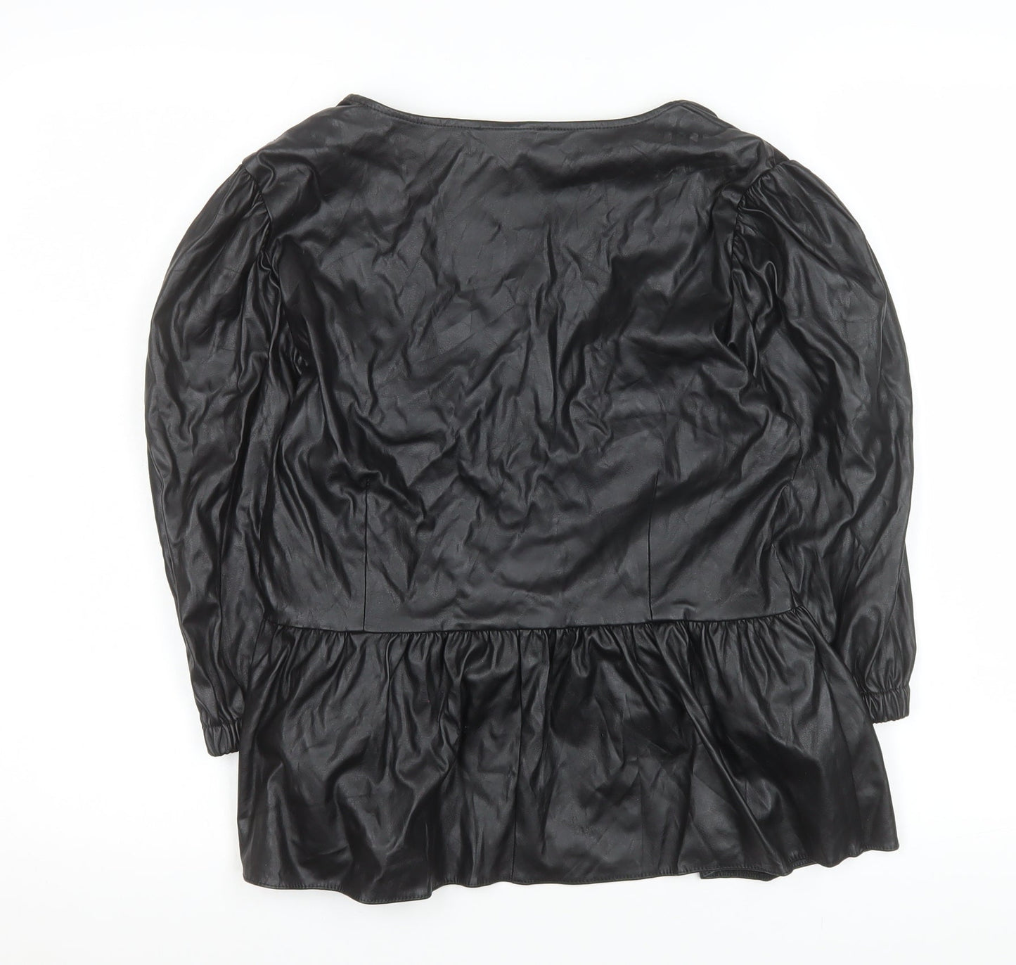 ASOS Women’s Black Faux Leather V-Neck Peplum Tunic Blouse Size 14