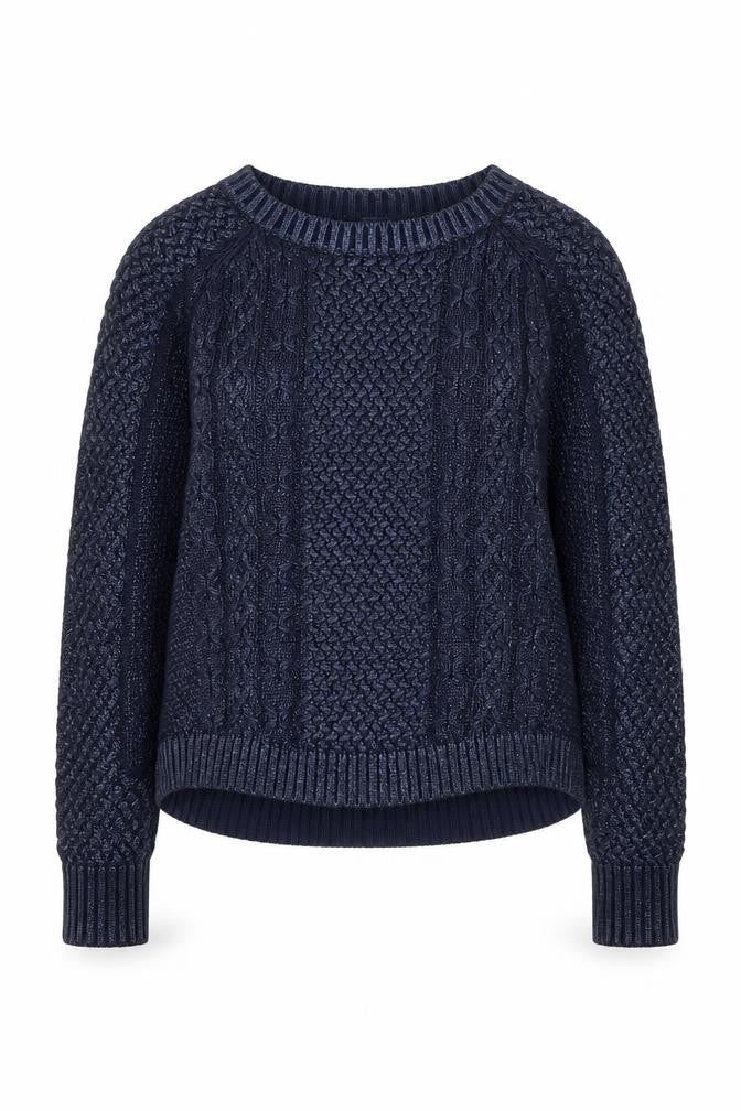 Front view of French Connection women’s navy cable knit cotton pullover sweater xs