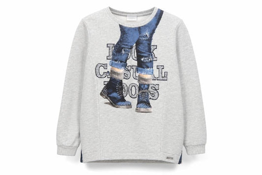 Front view of Mayoral girls’ grey long sleeve graphic pullover t-shirt 9 years