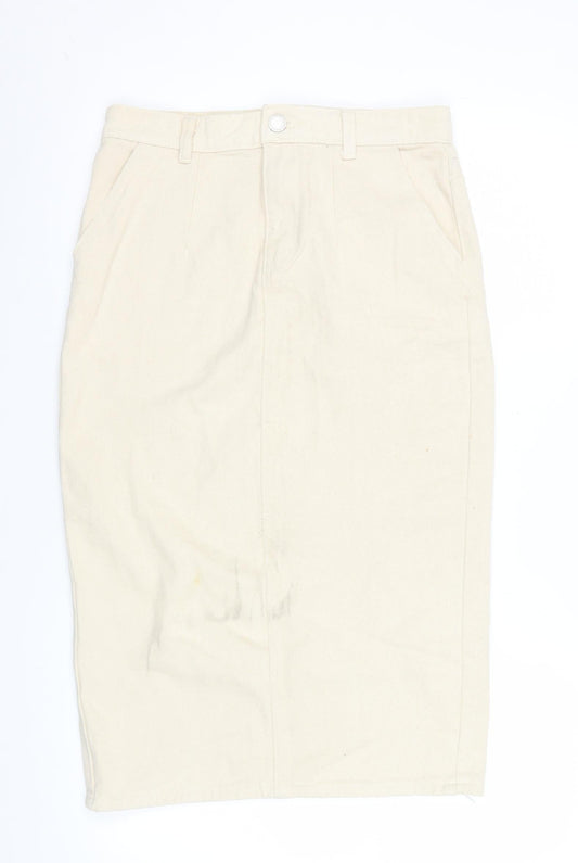 Boohoo Blue Women's Beige Cotton Pencil Skirt UK 10 Knee Length