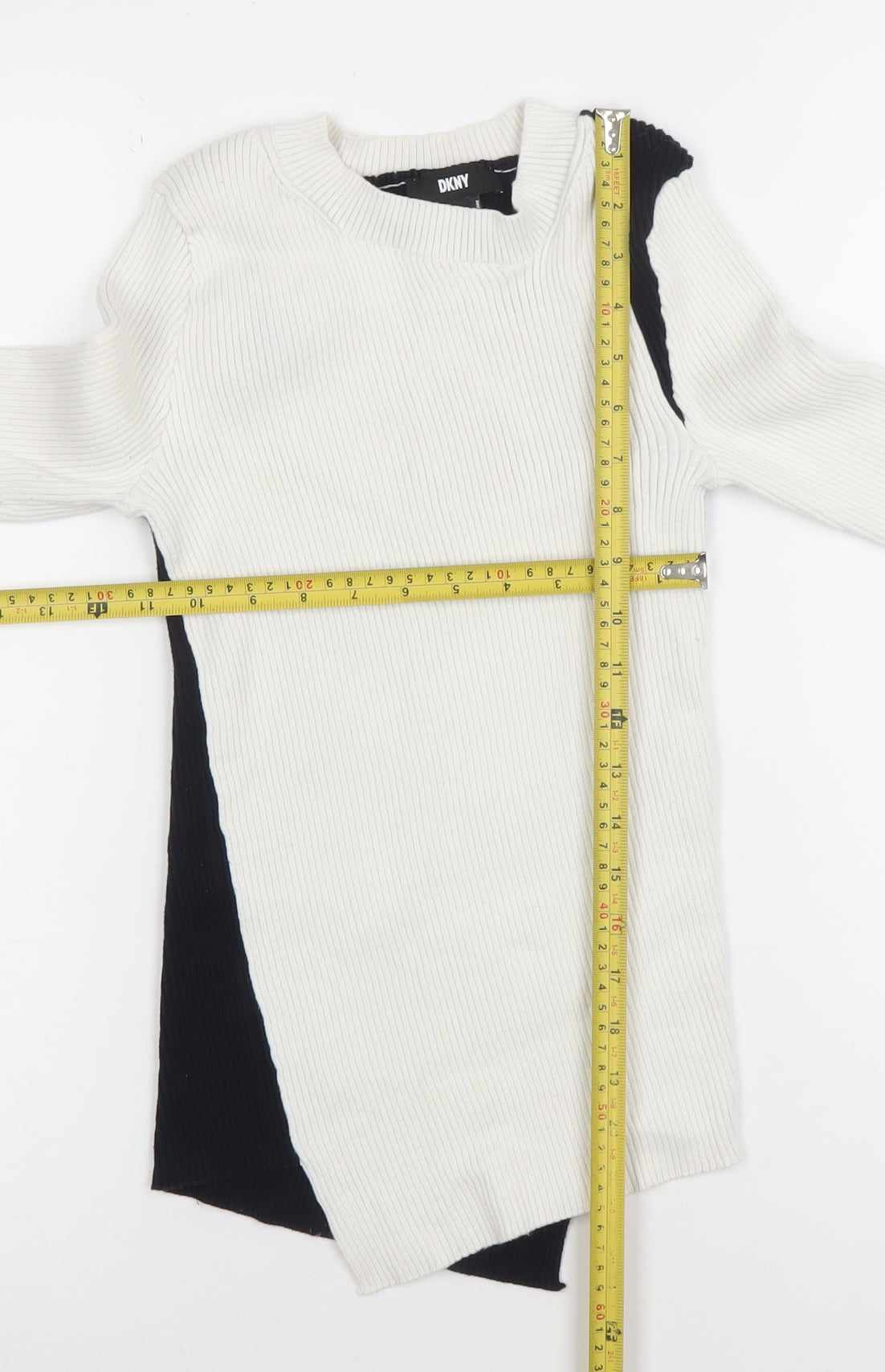 DKNY Womens Cream Black XS Ribbed Asymmetrical Knit Jumper
