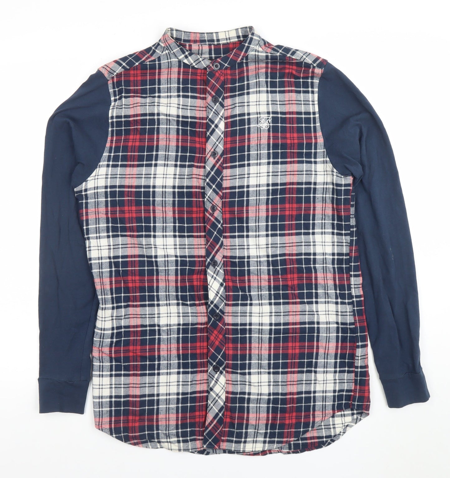 SikSilk Men's Red Navy Check Button-Up Shirt Size S Classic Cotton