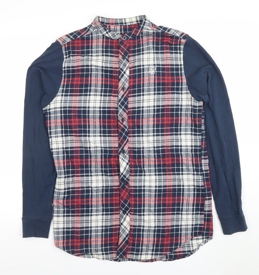 SikSilk Men's Red Navy Check Button-Up Shirt Size S Classic Cotton