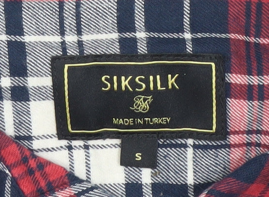 SikSilk Men's Red Navy Check Button-Up Shirt Size S Classic Cotton