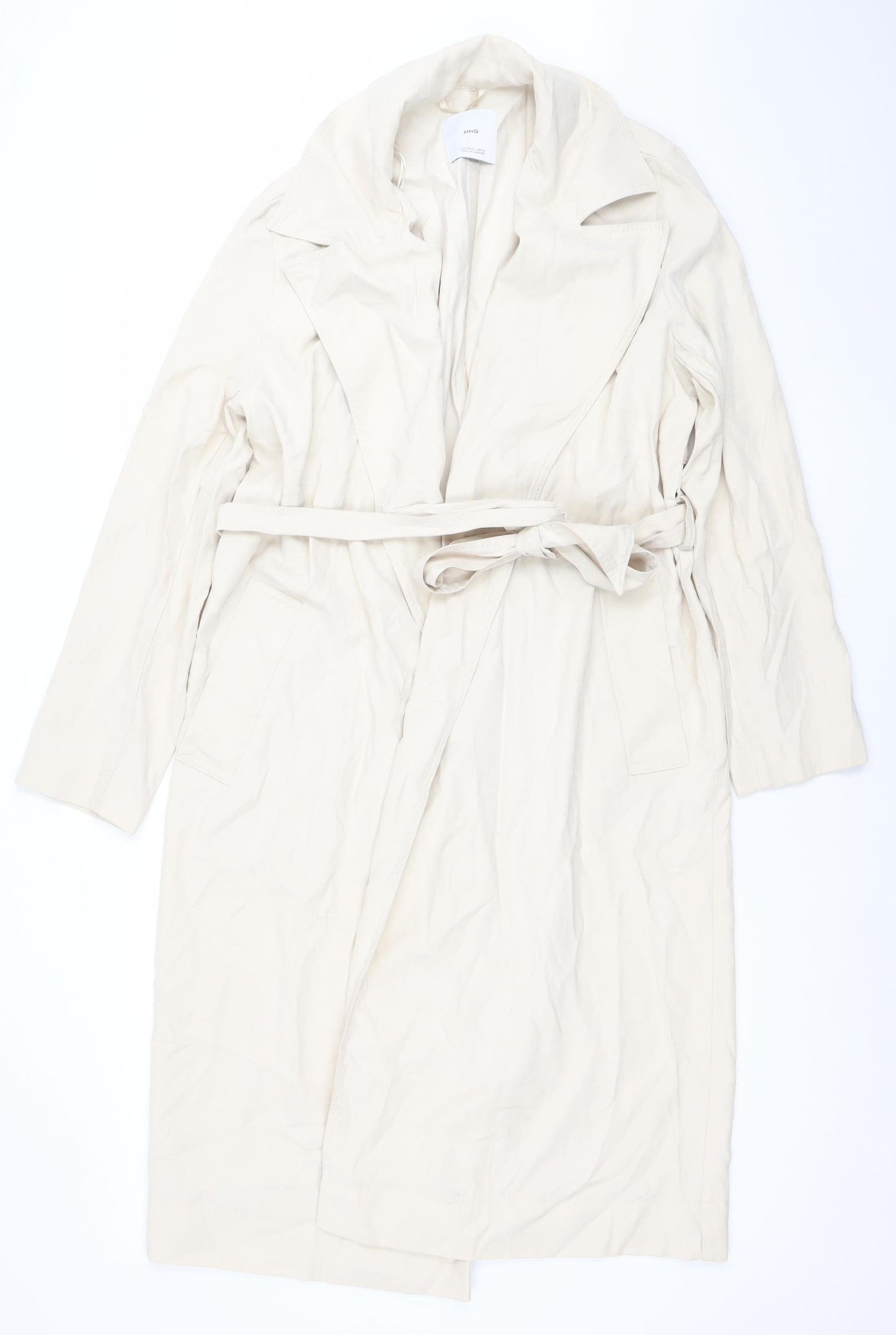 Mango Women Beige Long Belted Trench Coat XL Classic Cotton Blend