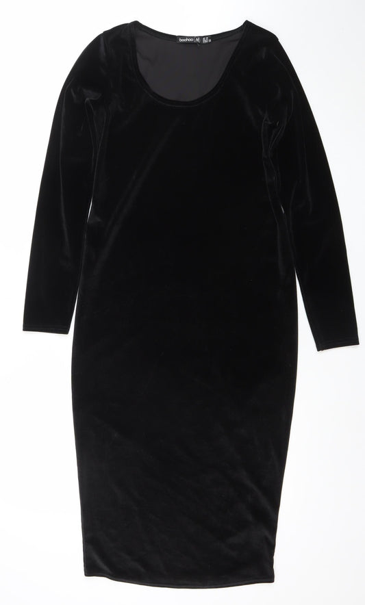 Boohoo Women’s Black Velvet Bodycon Dress UK 10 Long Sleeve Partywear