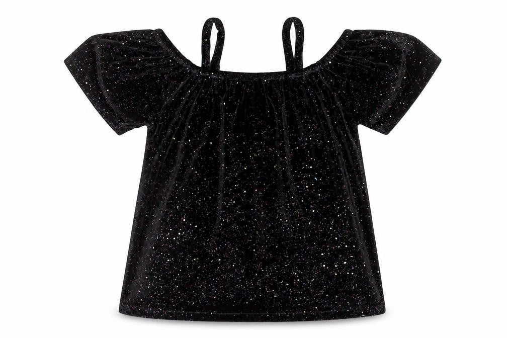Front view of Next girls’ black glitter velvet off shoulder party top 5 years
