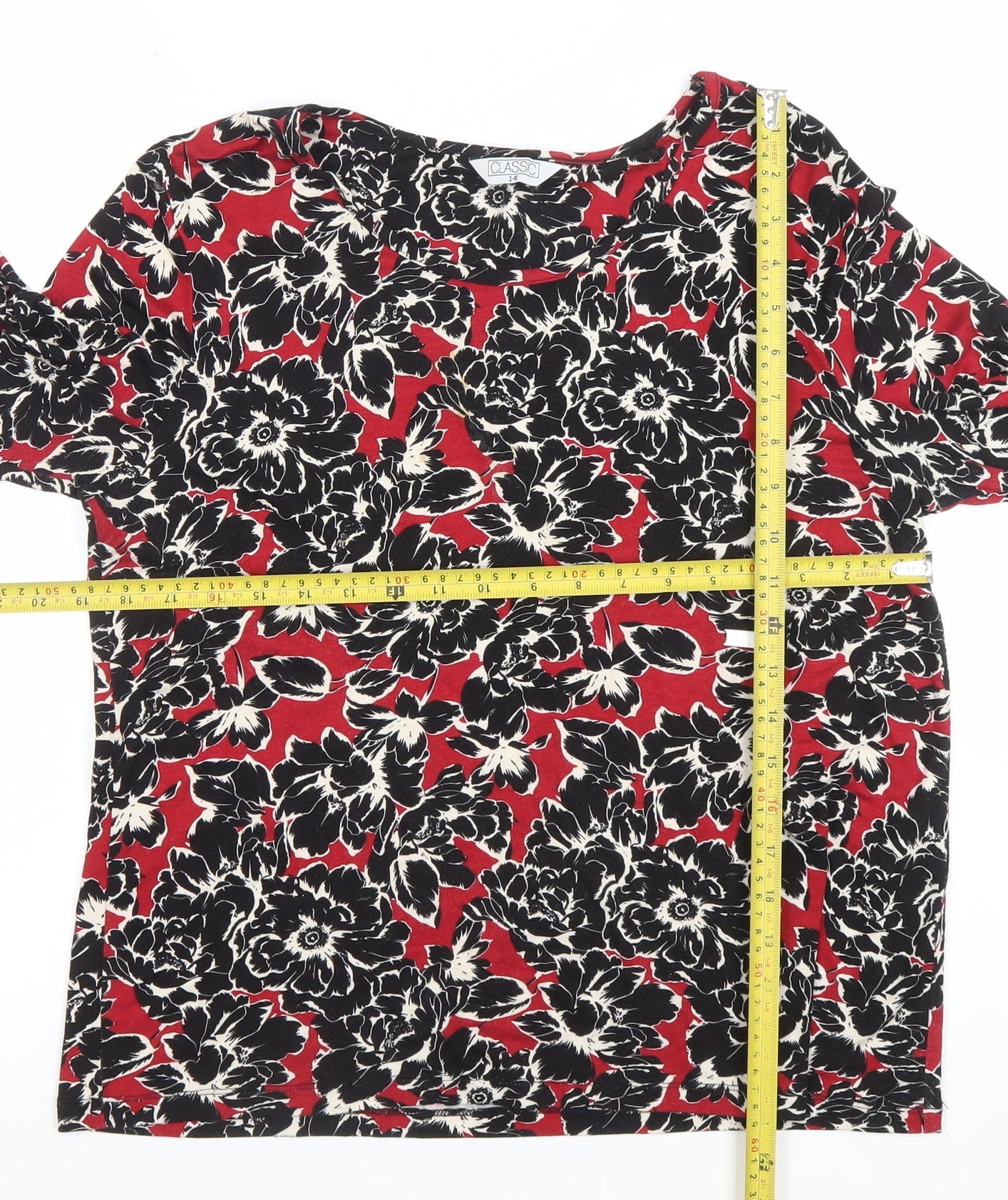 Classic Womens Red Floral 3/4 Sleeve Viscose Jersey Top Size 14