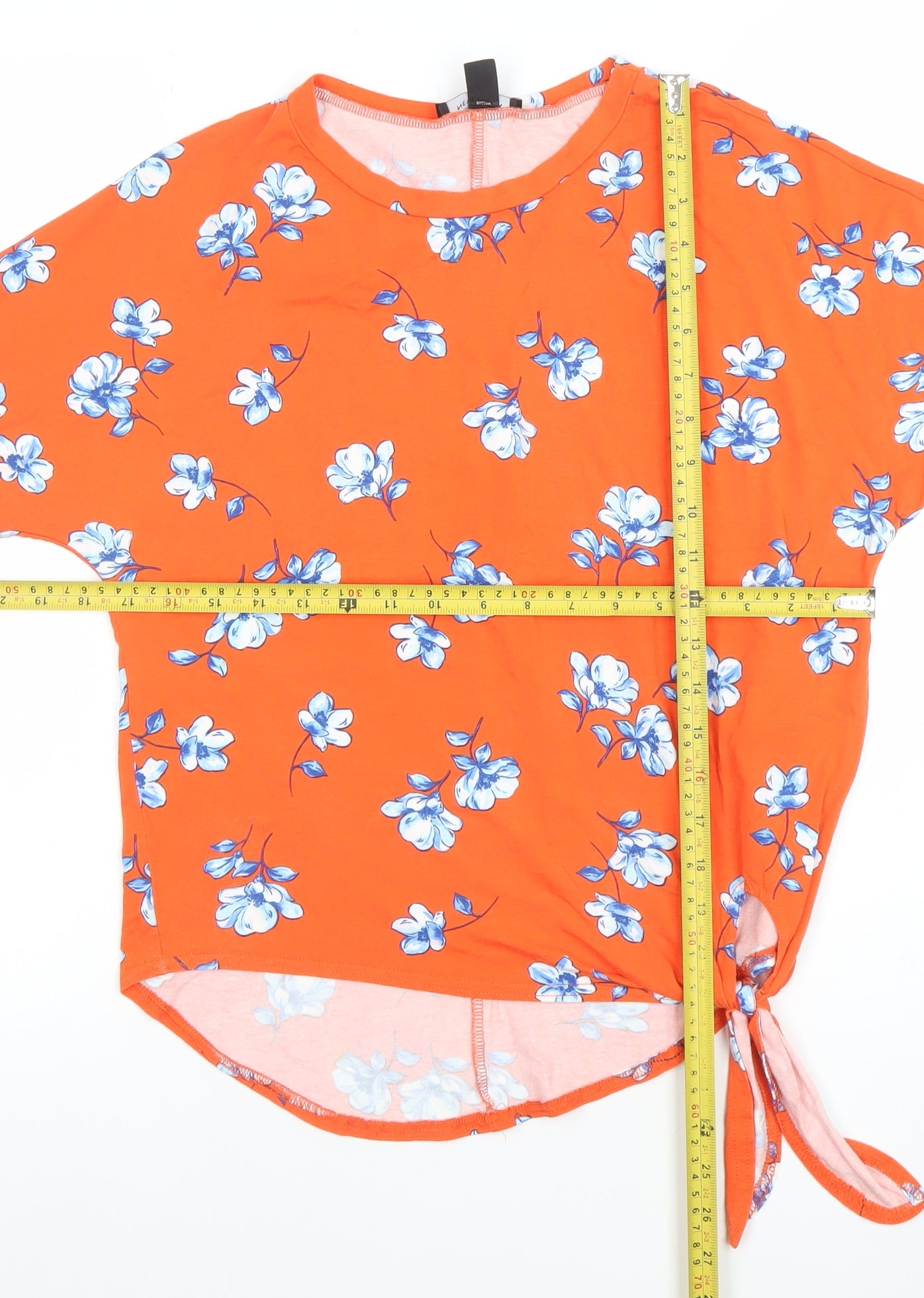 New Look Womens Orange Floral Tie Hem Short Sleeve Top Size 8