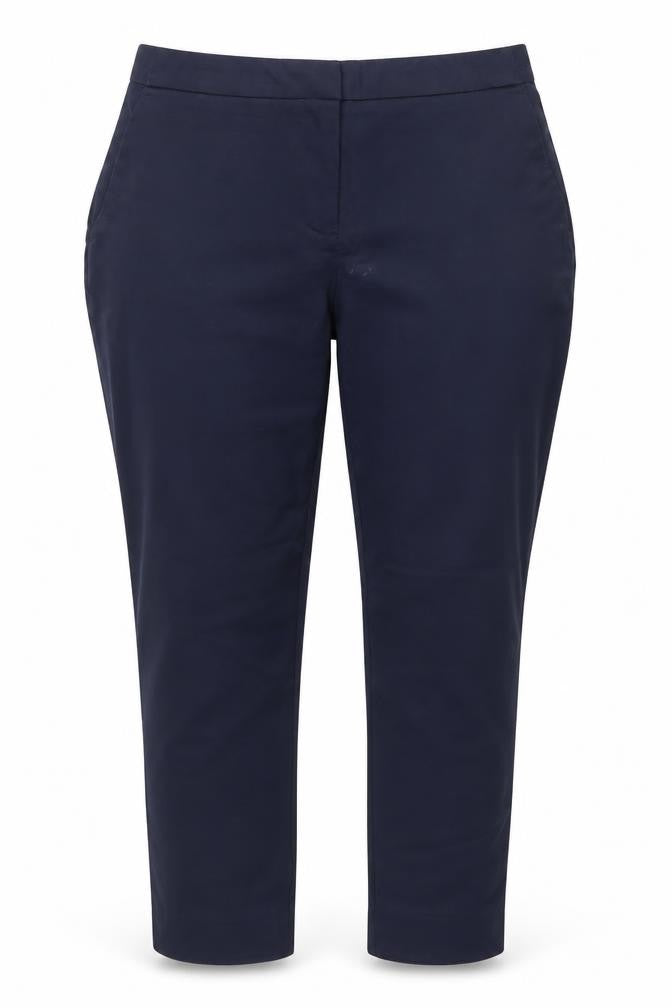 Front view of Dunnes women’s blue chino trousers, size UK 8 slim, fit cotton blend