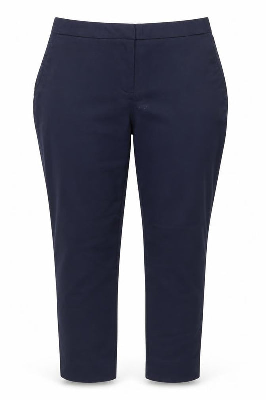 Front view of Dunnes women’s blue chino trousers, size UK 8 slim, fit cotton blend