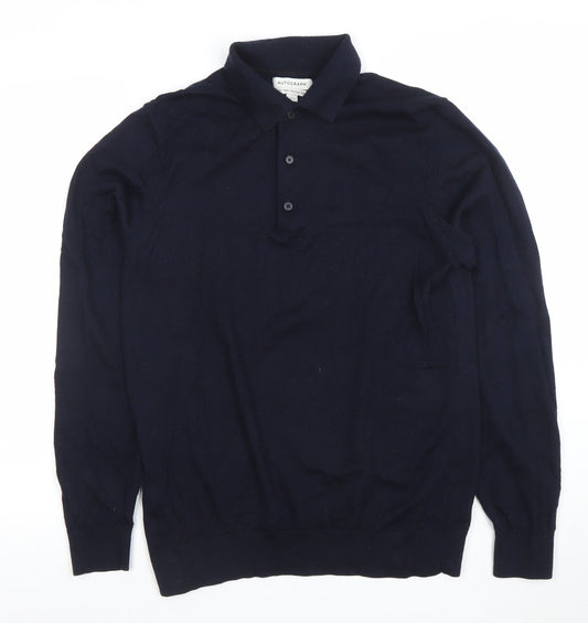 Marks and Spencer Mens Blue Merino Wool Long Sleeve Polo L