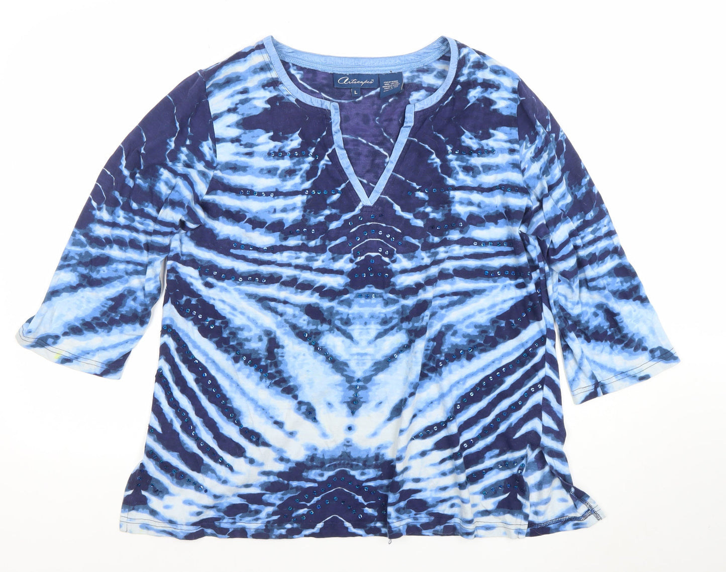 Antelope Womens Blue Tie Dye Sequin V-Neck 3/4 Sleeve Cotton Top Size L