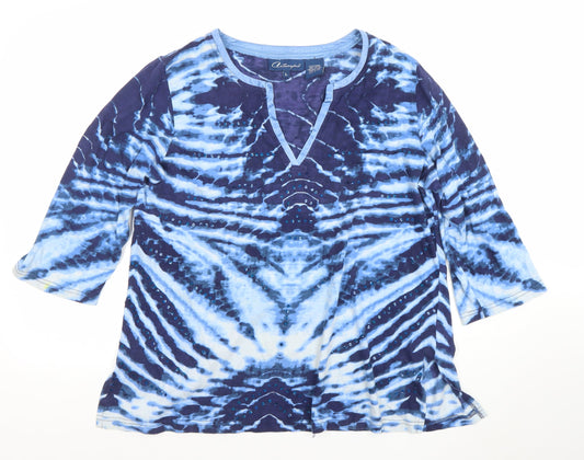 Antelope Womens Blue Tie Dye Sequin V-Neck 3/4 Sleeve Cotton Top Size L
