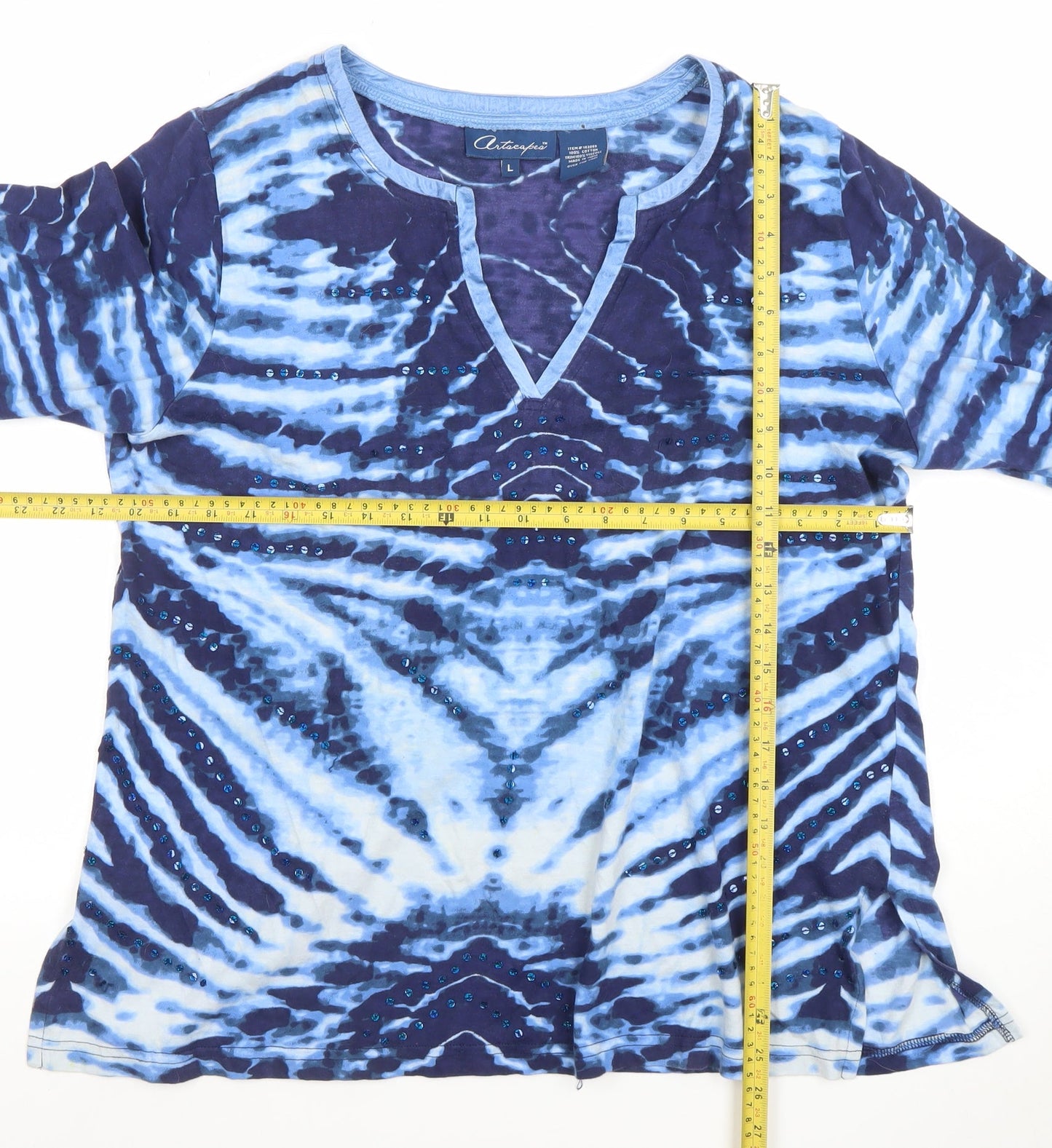 Antelope Womens Blue Tie Dye Sequin V-Neck 3/4 Sleeve Cotton Top Size L