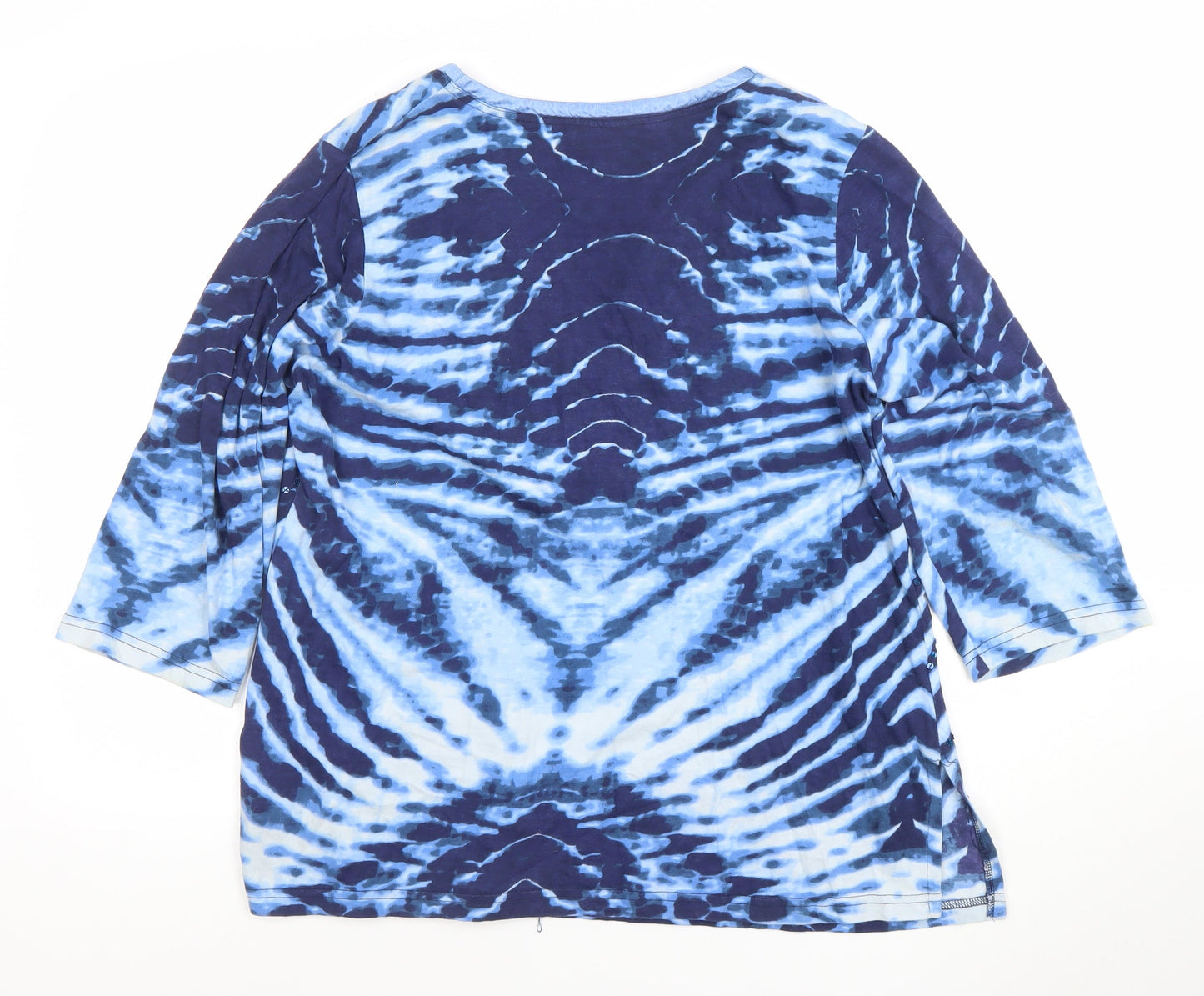 Antelope Womens Blue Tie Dye Sequin V-Neck 3/4 Sleeve Cotton Top Size L