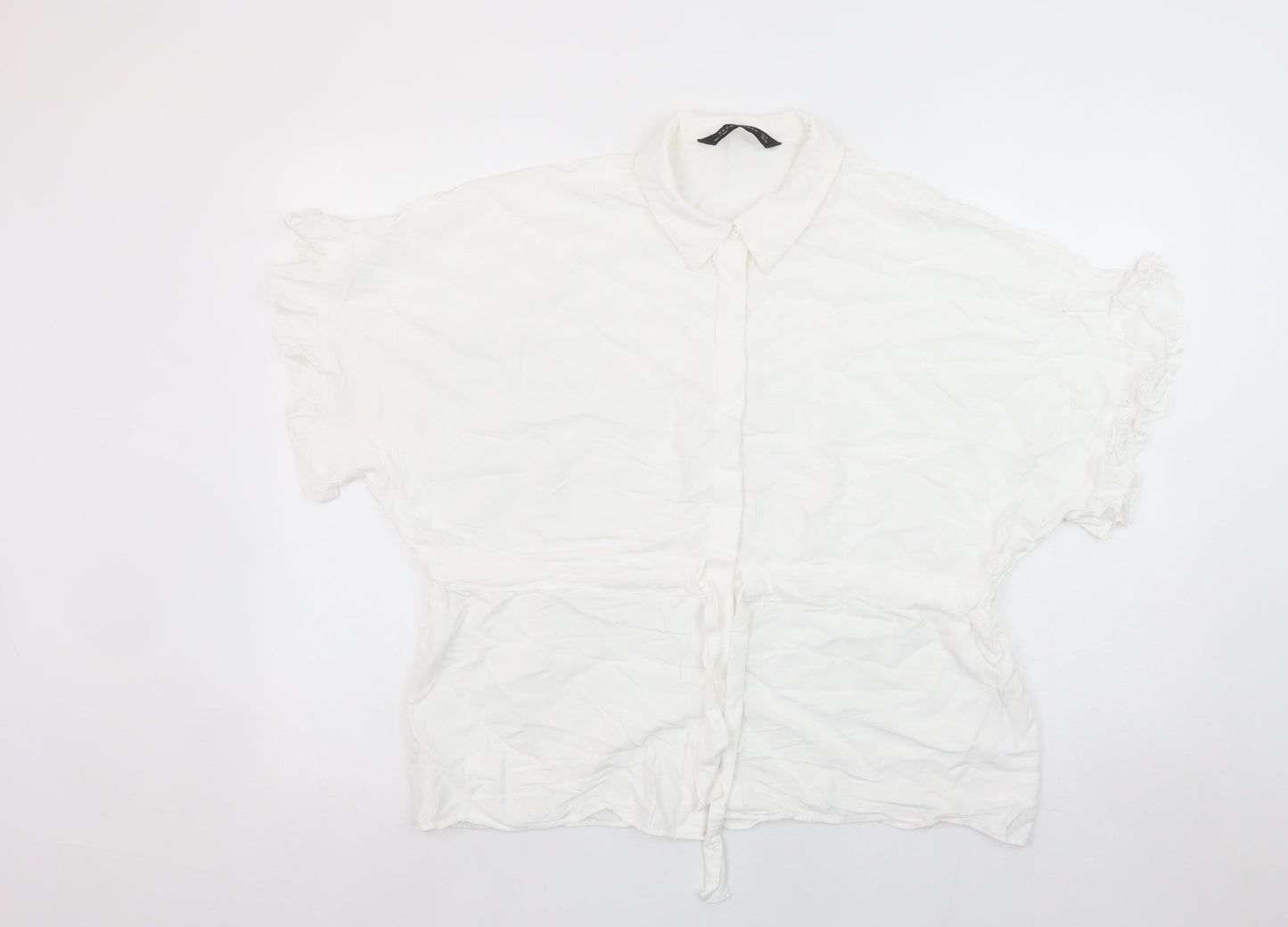 Zara Woman White Collared Ruffle Sleeve Tie Waist Blouse Size 12