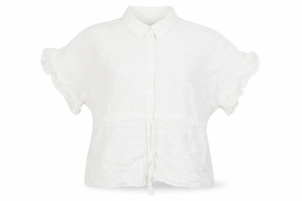Front view of Zara Woman White Collared Ruffle Sleeve Tie Waist Blouse, size 12