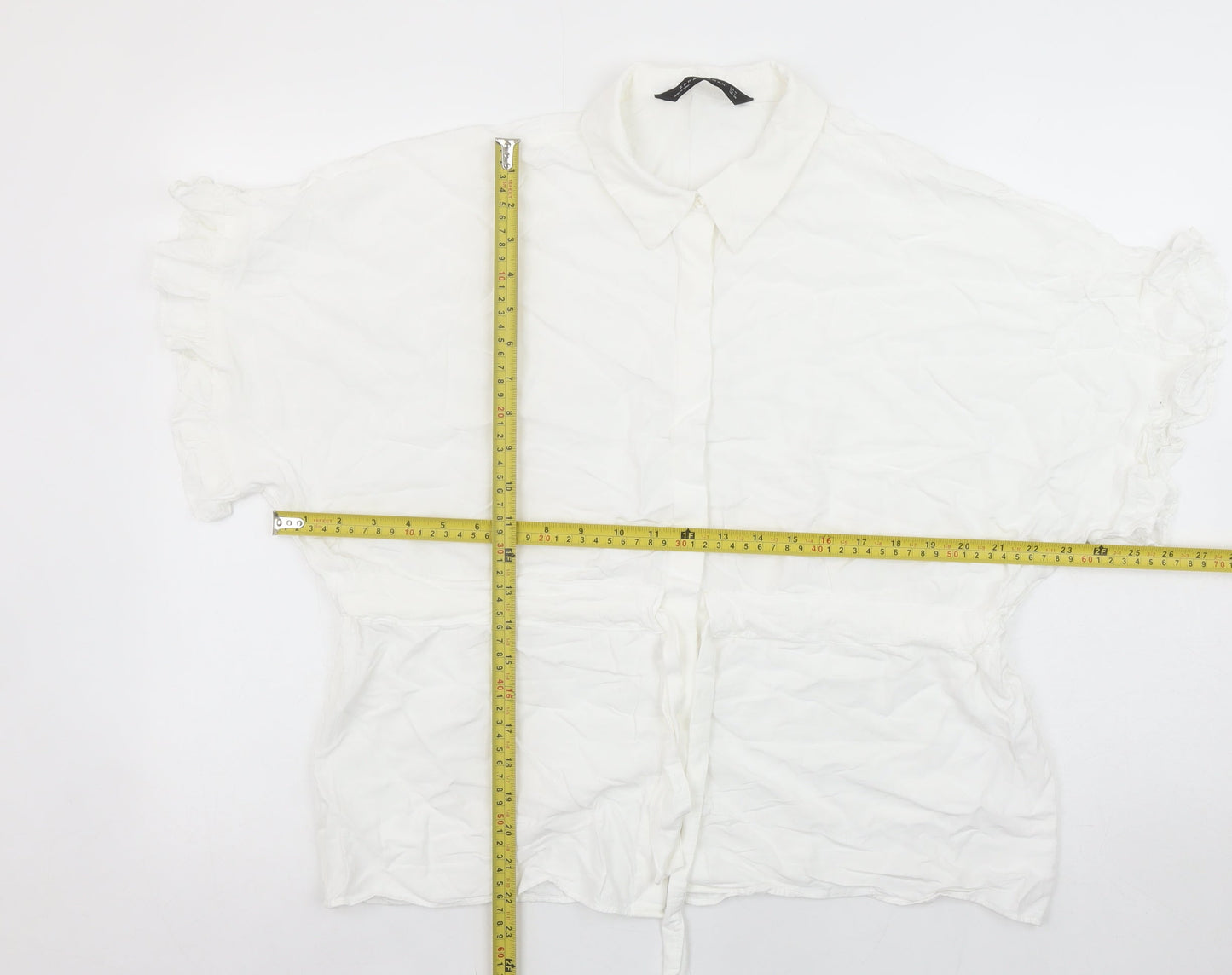 Zara Woman White Collared Ruffle Sleeve Tie Waist Blouse Size 12