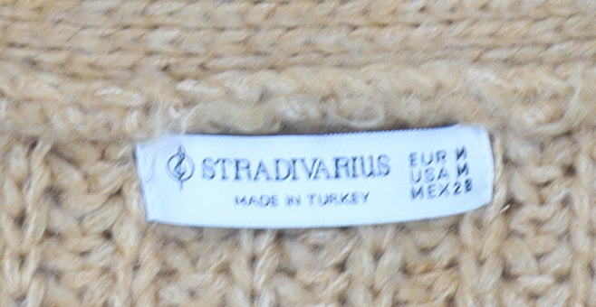 Stradivarius Women Beige Chunky-Knit V-Neck Cardigan Size M