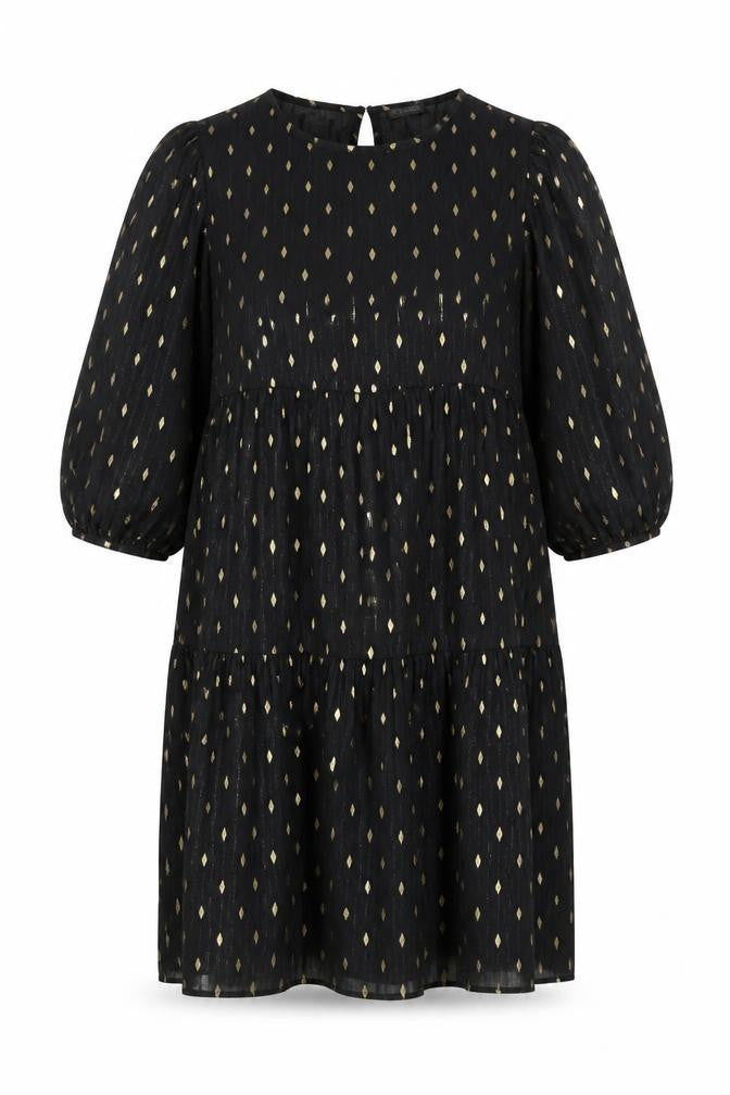 Front view of Dunnes Women Black Gold Metallic Shift Dress, size L, 3/4 Sleeve