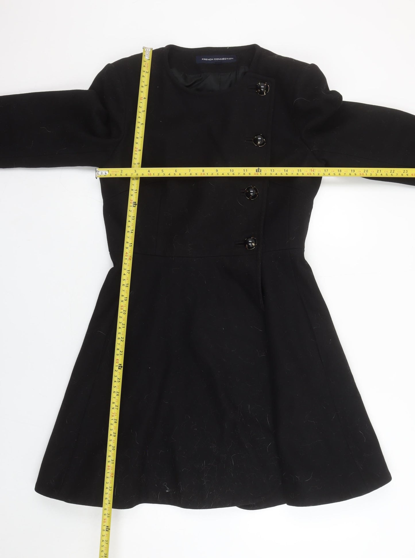 French Connection Women's Black Wool Blend Mid-Length Coat Size 10