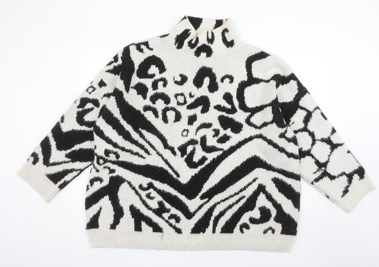 Topshop Women's Black Animal Print Roll Neck Jumper Size M