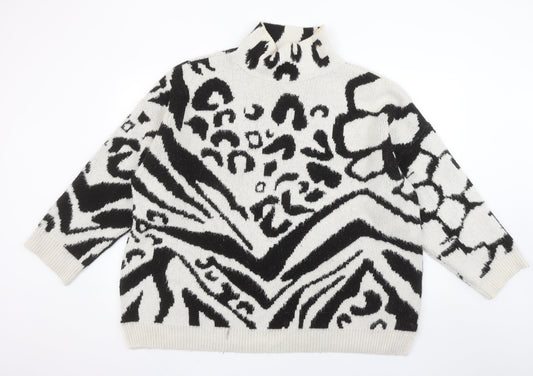 Topshop Women's Black Animal Print Roll Neck Jumper Size M