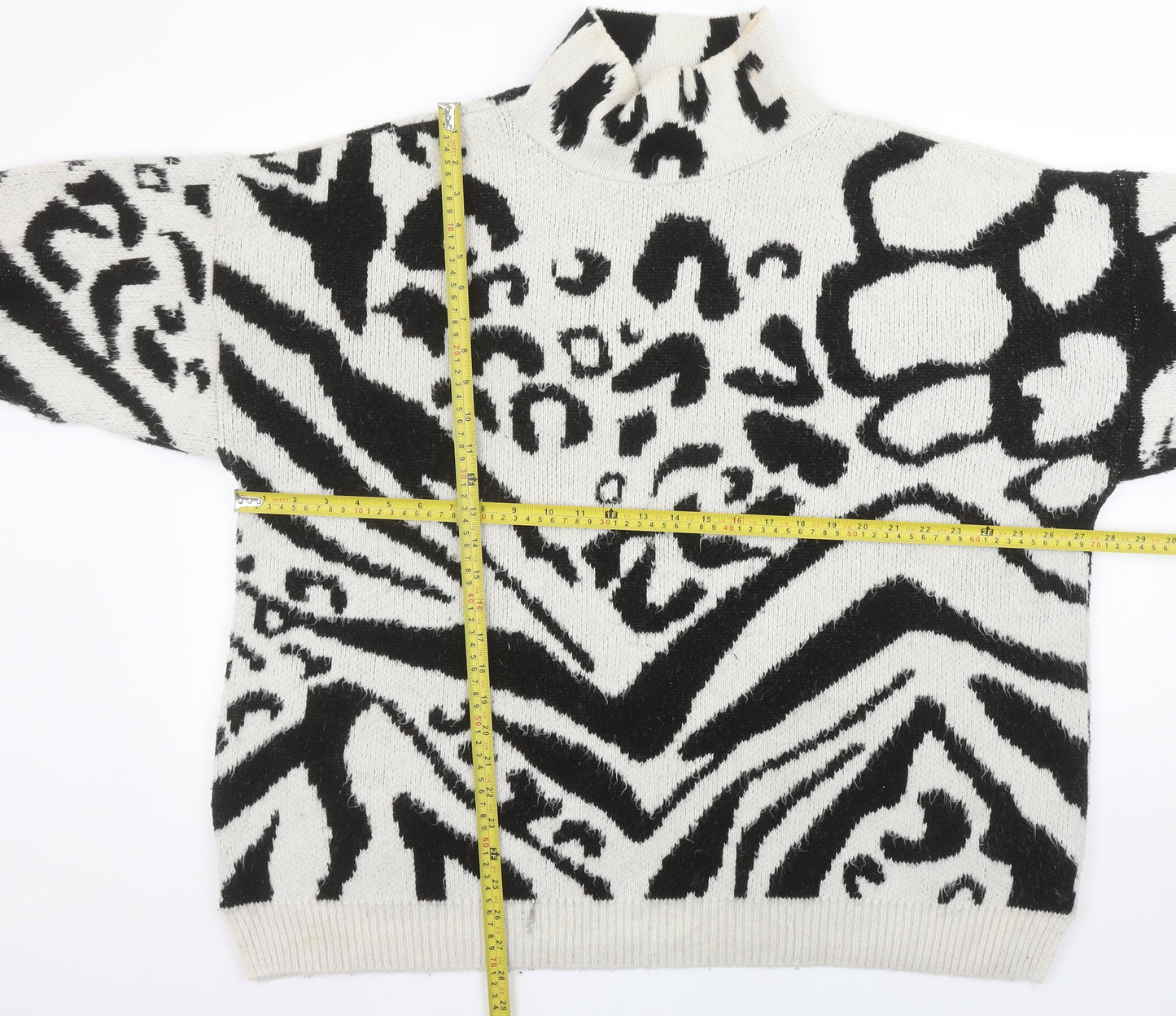 Topshop Women's Black Animal Print Roll Neck Jumper Size M