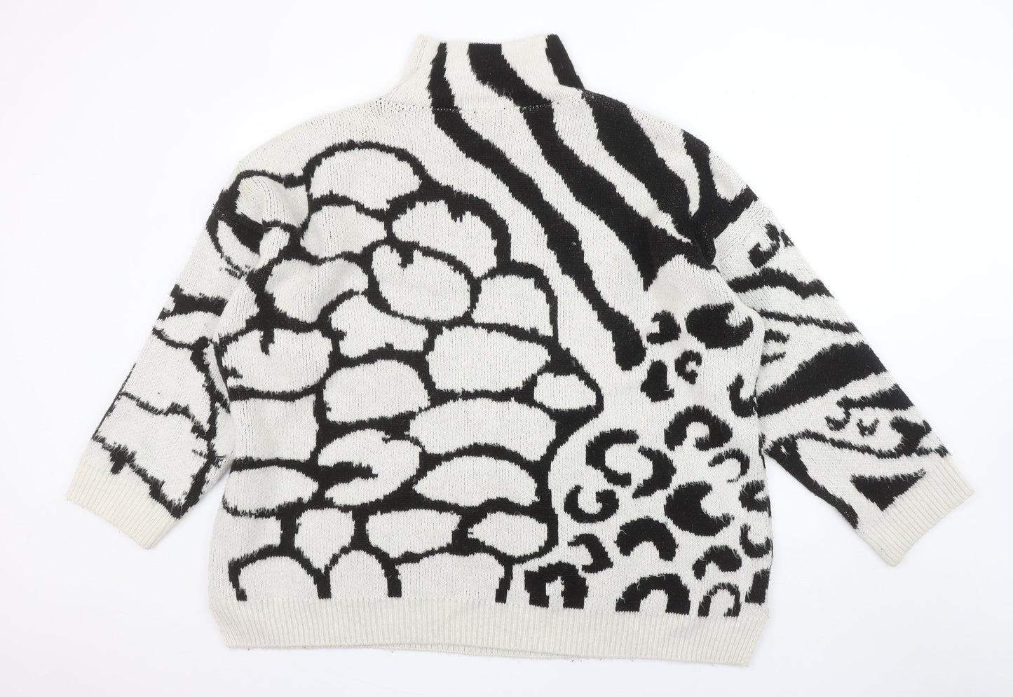 Topshop Women's Black Animal Print Roll Neck Jumper Size M