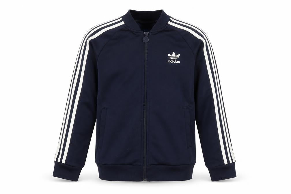 Front view of adidas boys’ blue full zip sweatshirt 11-12 years sports logo jacket