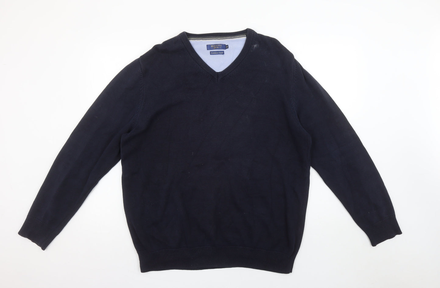 Benetti Men's Blue Cotton V-Neck Jumper XL Classic Fit