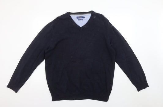 Benetti Men's Blue Cotton V-Neck Jumper XL Classic Fit