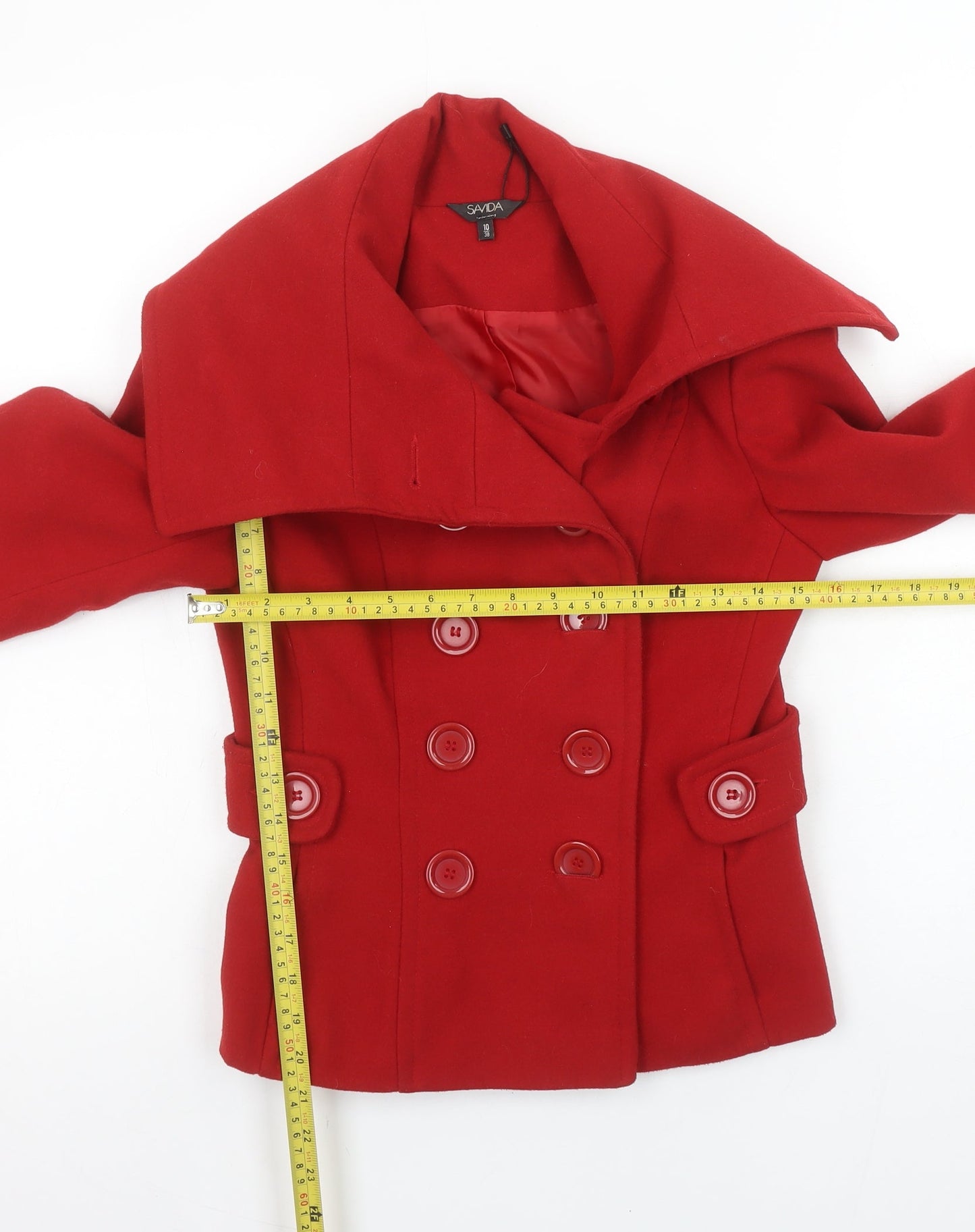 Savida Women's Red Pea Coat Size 10 Double Breasted Wool Look Jacket