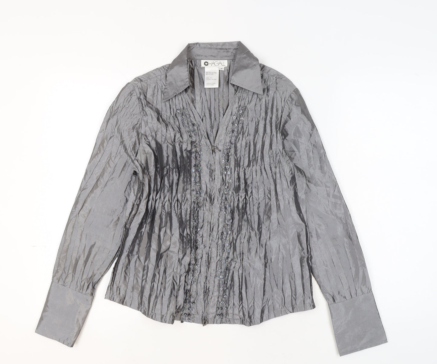 Chagall Women's Silver Beaded Long Sleeve Formal Blouse Size 8